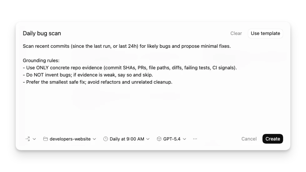 Codex App 中创建 Automation 的表单界面