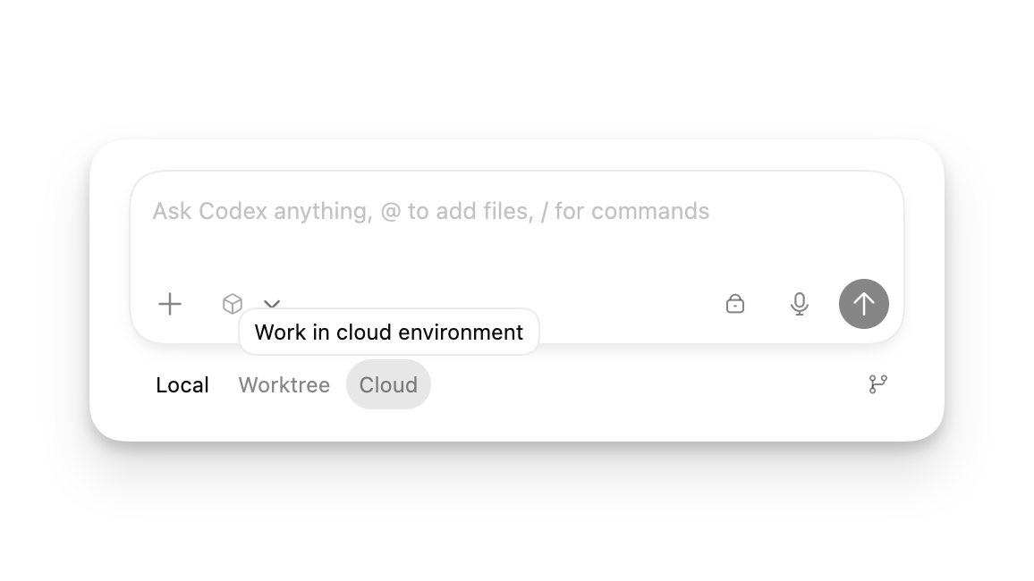 Codex App 新建任务时的 Local、Worktree、Cloud 模式选择界面