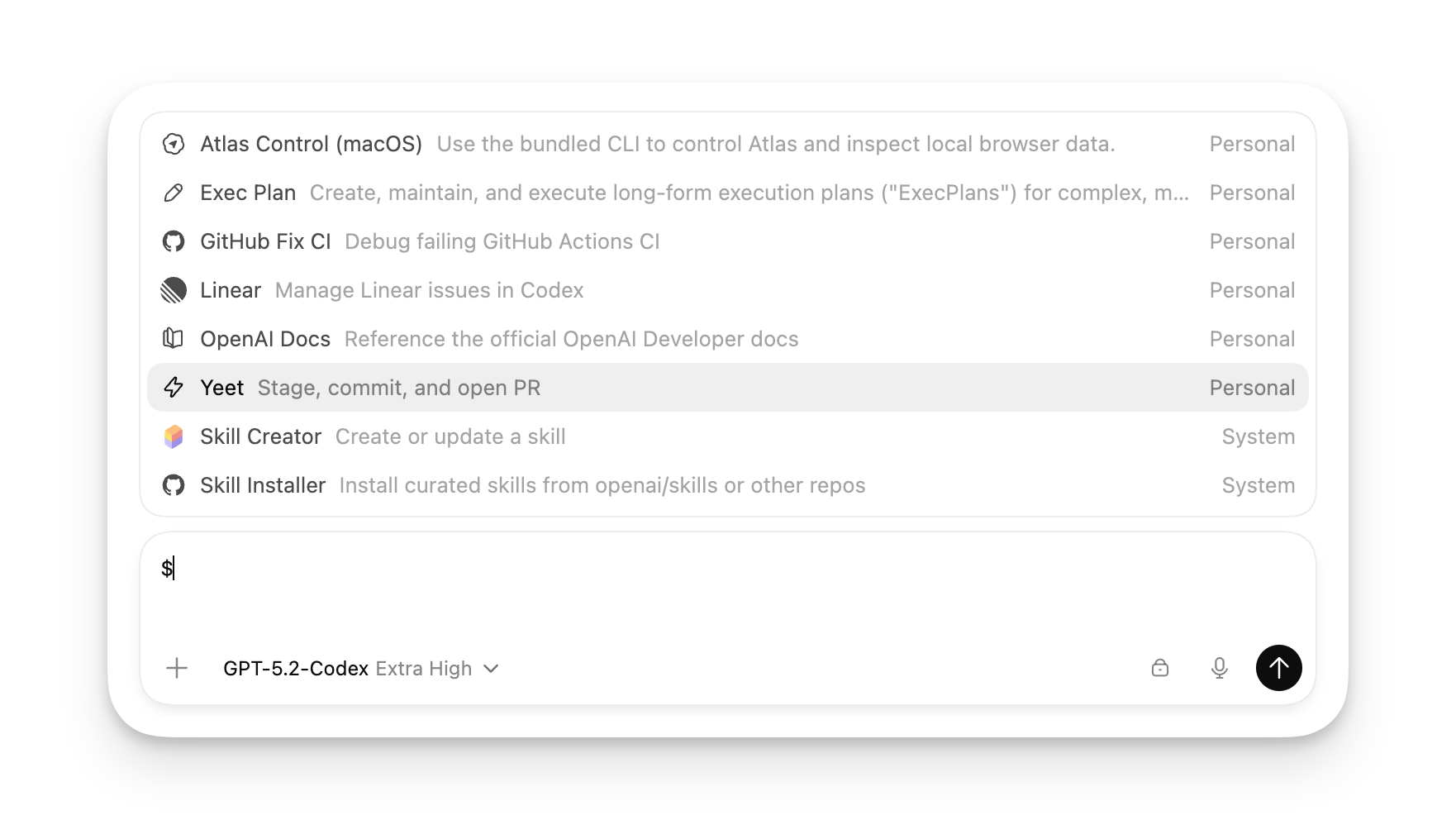 Codex App 中的 Skills 选择器界面