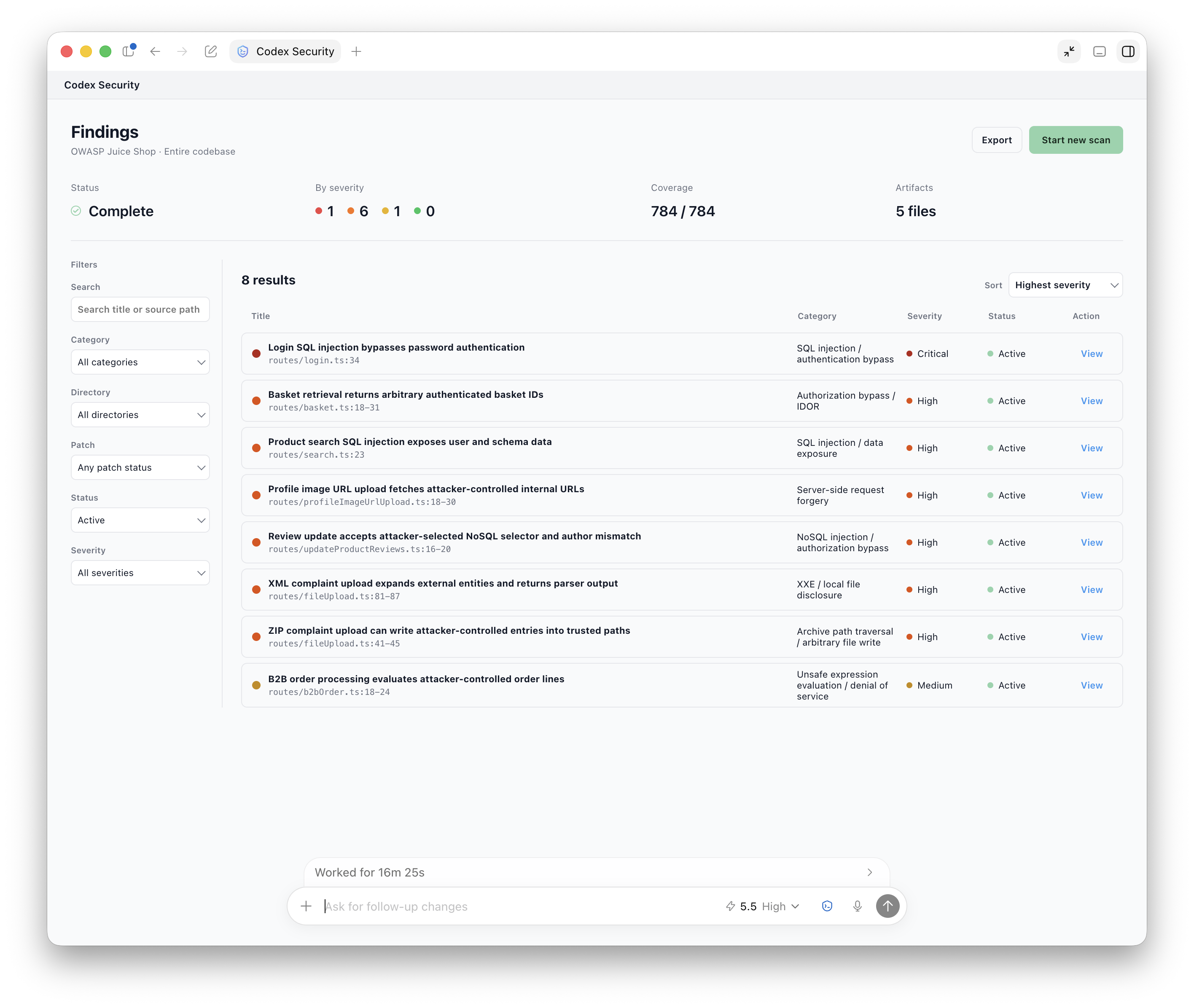 Codex Security plugin 的 findings workspace 界面